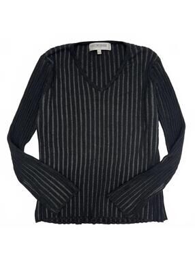 Y2K Contemporaine Petite Grey Black Ribbed Stripes V Neck Knit Sweater Sz S